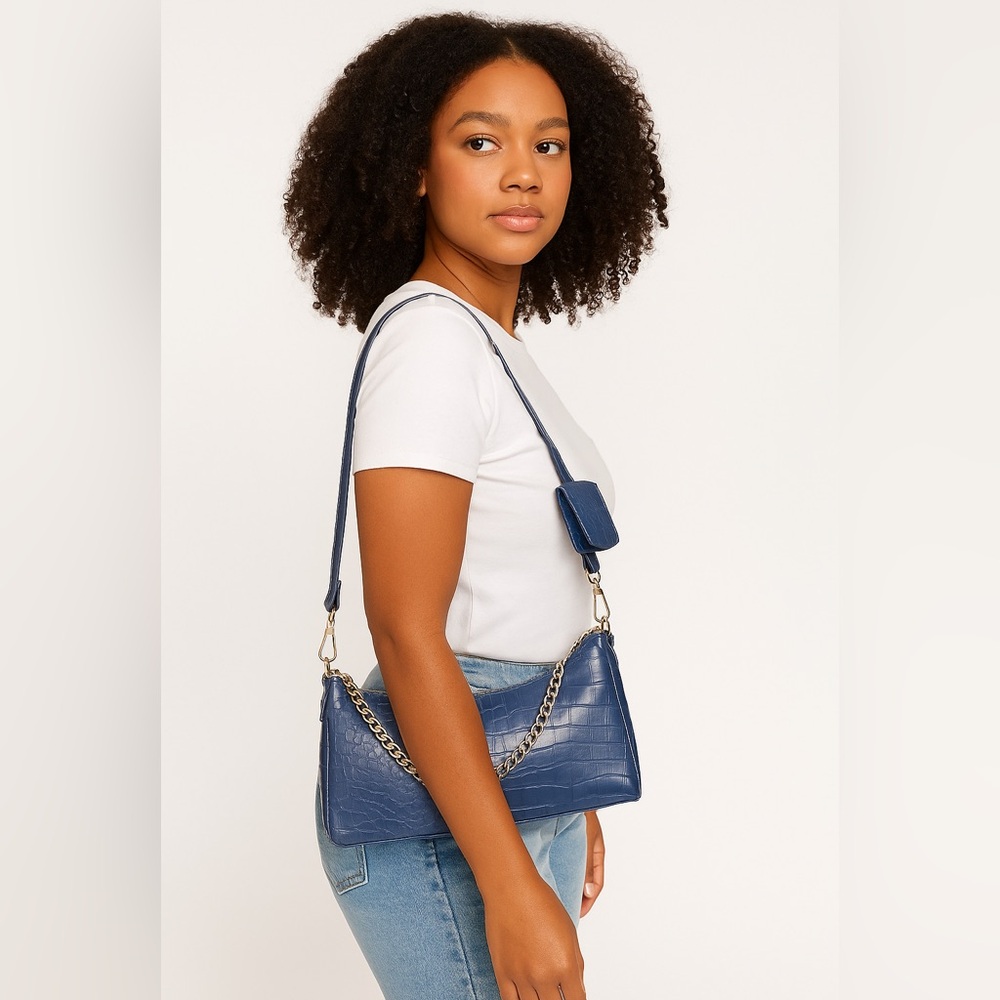 Faux Croc Chain Crossbody Bag with Mini AirPod Pouch – Navy Blue